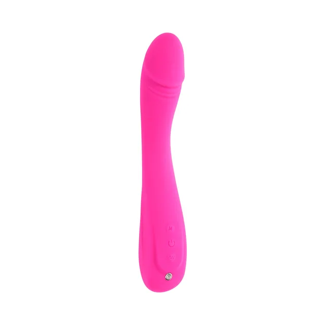 Evolved Sugar Rush hot-pink curved vibrator left angled front view