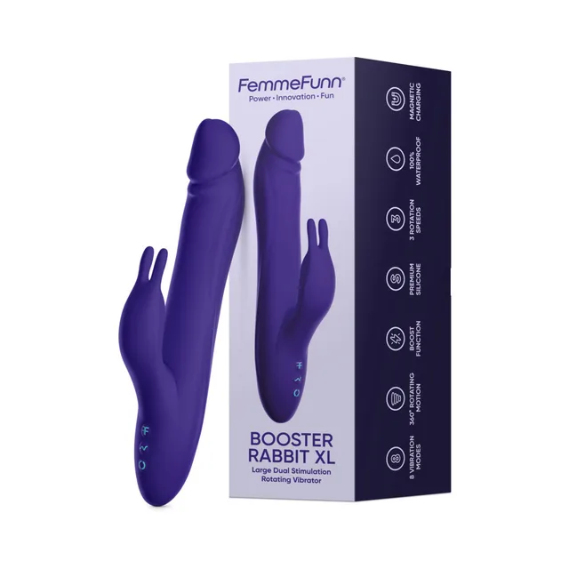 Dark-purple FemmeFunn Booster Rabbit XL shown beside its purple retail box