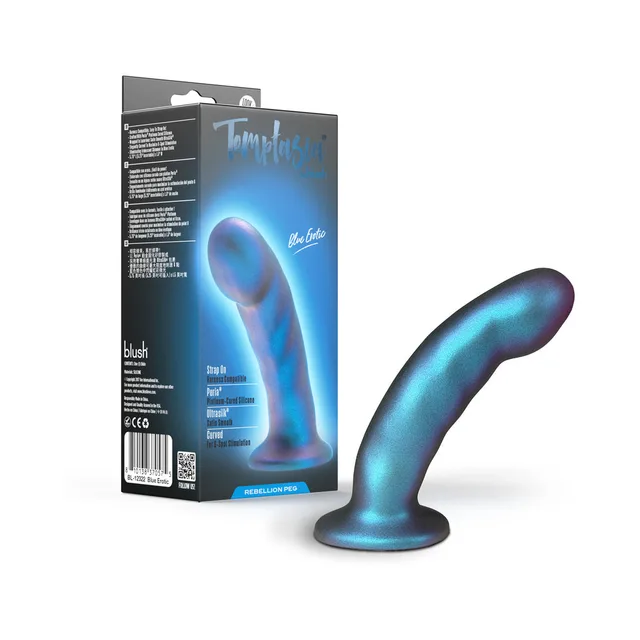 Blue Temptasia Rebellion Peg curved silicone dildo beside black retail box