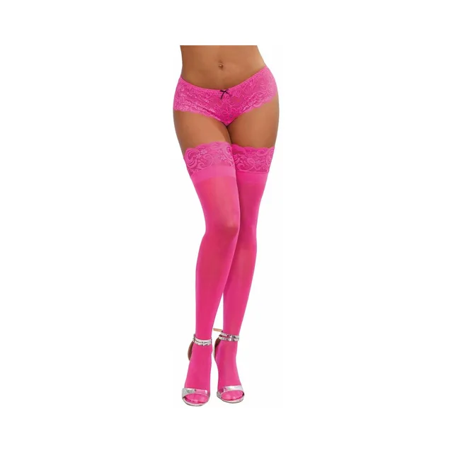 Front view of neon pink sheer thigh highs with lace tops