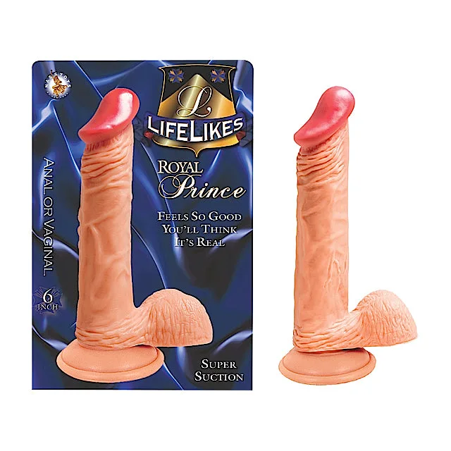Lifelikes Royal Prince beige PVC dildo with balls and suction base beside box