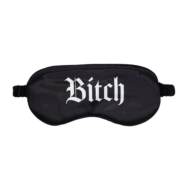 Black Ouch satin blindfold printed with white Bitch lettering