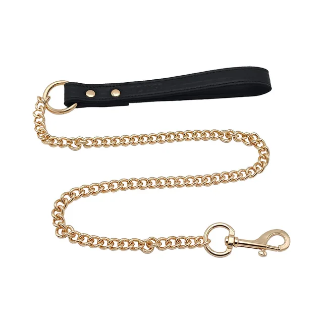 Rouge black leather handle leash with gold chain full-length view with wrist loop and swivel clip