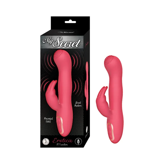 Red My Secret Erotica dual-arm vibrator beside black window box