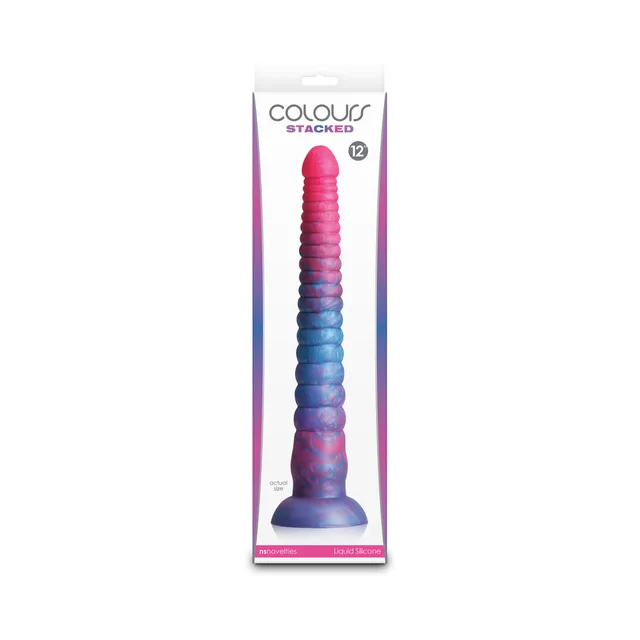Colours Stacked 12-inch pink purple and blue ringed dildo in long box