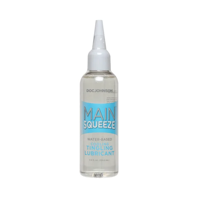 Doc Johnson Main Squeeze Cooling Tingling 3.4 oz clear bottle with blue label
