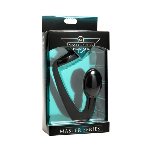 XR Brands Master Series Explorer black silicone ring and curved plug in teal windowed box