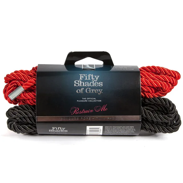 Fifty Shades Restrain Me Rope Twin Pack coiled red and black ropes with branded center wrap