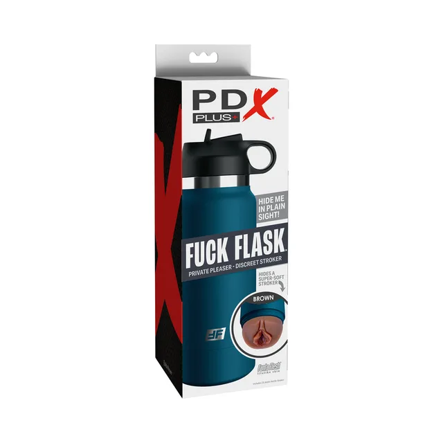 PDX Plus blue Fuck Flask box showing brown textured sleeve opening