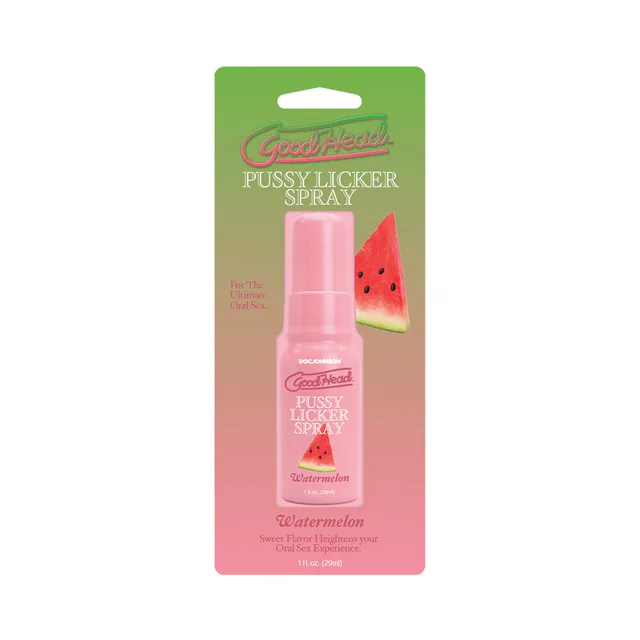 GoodHead Watermelon Pussy Licker Spray 1 oz light-pink bottle on watermelon gradient card
