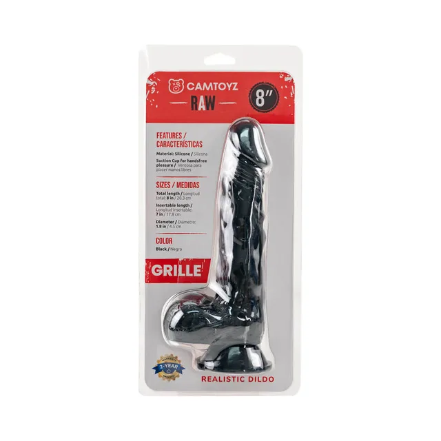 Camtoyz Raw Grille black 8-inch dildo front of red and white blister packaging