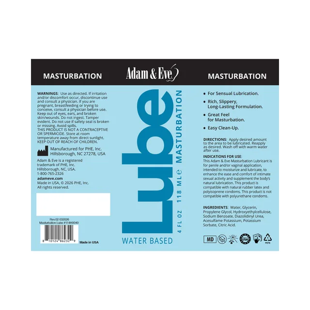 Front and rear label layout for Adam and Eve Masturbator Lubricant