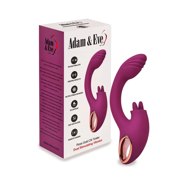 Adam & Eve burgundy Rose-Gold Tickler vibrator pictured on white box