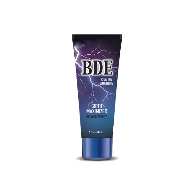 Dark BDE cream tube with blue cap purple lightning and vertical label