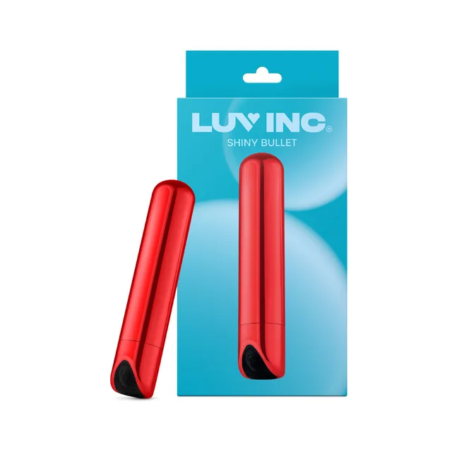 Red Luv Inc SB33 shiny bullet angled beside retail card