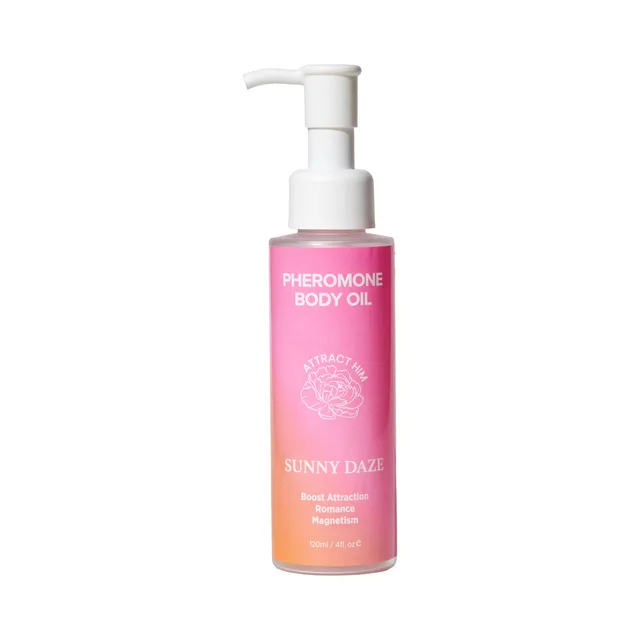 Pink-orange Eye of Love Sunny Daze body oil pump bottle