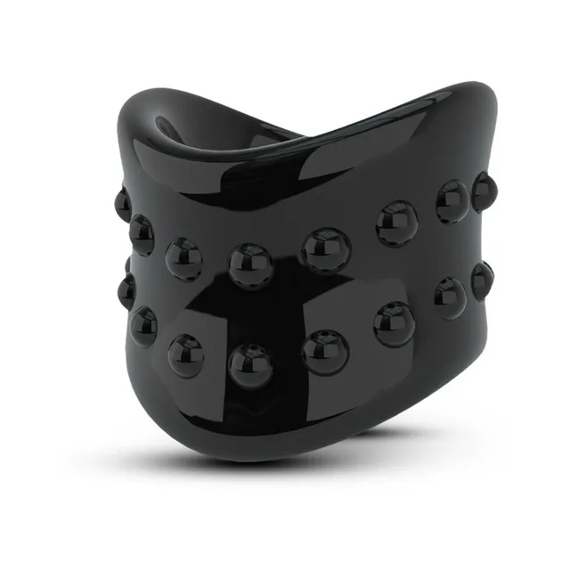 Close view of tall black stretcher with two studded rows