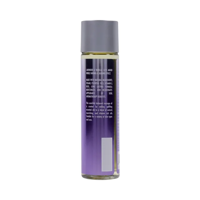 rear-left view of Evolved Anoint lavender and vanilla massage oil bottle