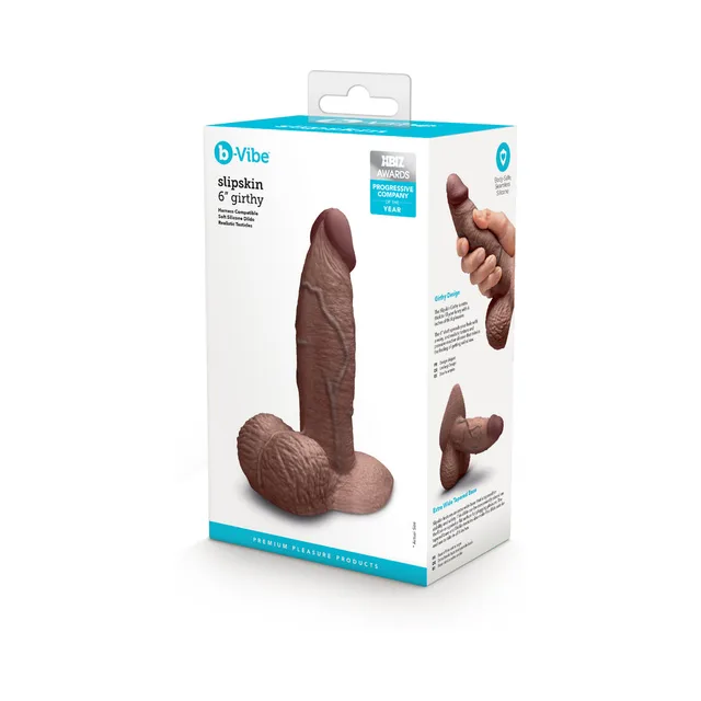 Brown 6-inch Slipskin Girthy dildo beside retail box
