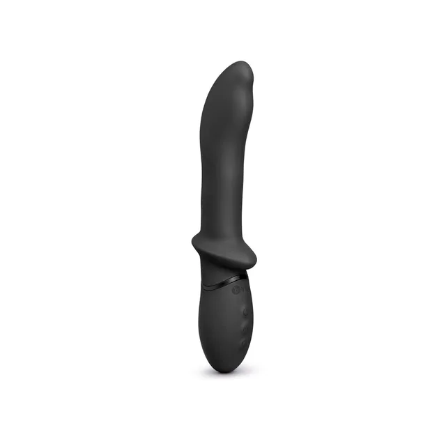 Three-quarter front view of black curved b-Vibe P-Spot Vibe