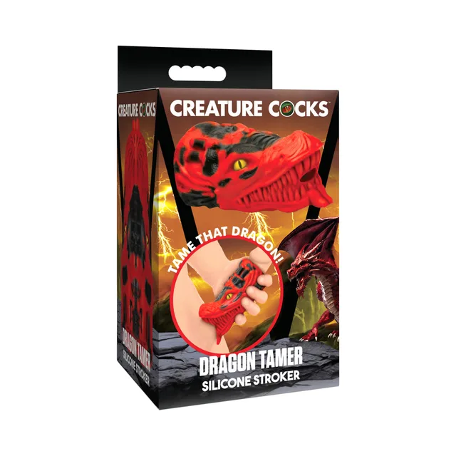 Creature Cocks Dragon Tamer red-and-black dragon-head stroker in fiery black retail box
