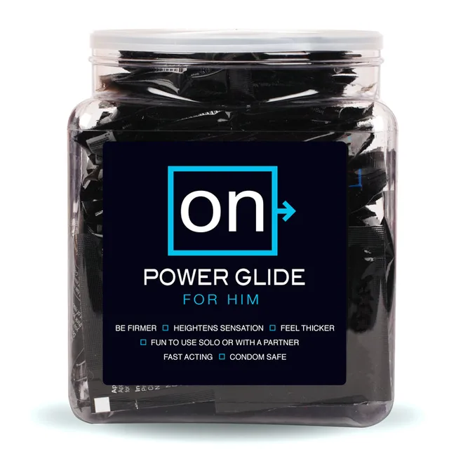 Sensuva ON Power Glide Packets clear counter bowl filled with black individual packets