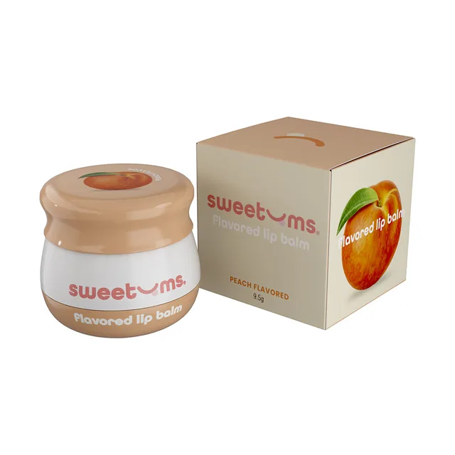 Sweetums Peach Lip Balm jar and peaches-illustrated retail box