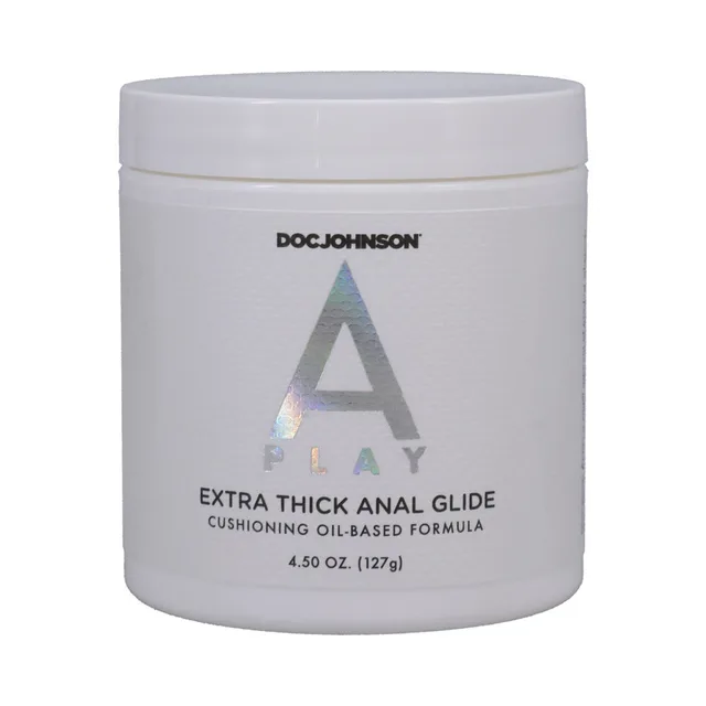 Front of white A-Play Extra-Thick Anal Glide 4.5 oz jar