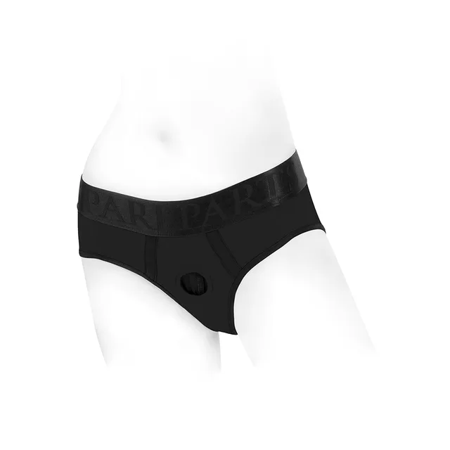 SpareParts Tomboi black nylon size XXS front view with circular center ring