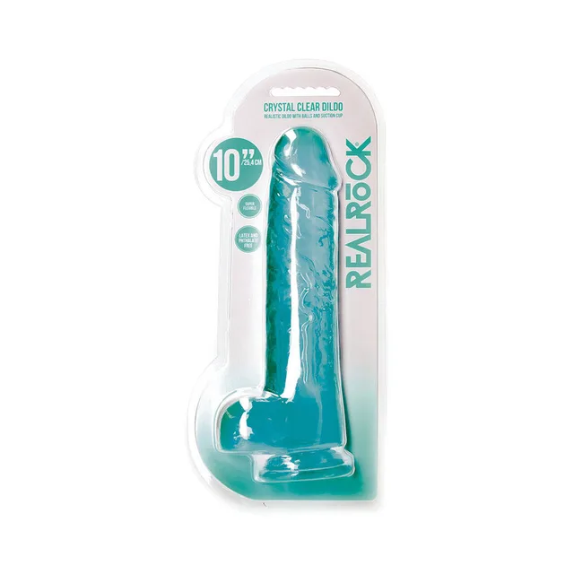 Turquoise RealRock Crystal Clear dildo in transparent retail pack