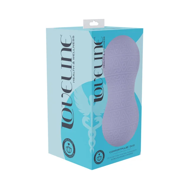 Lavender LoveLine ComfortPulse Duo massager pictured on turquoise retail box