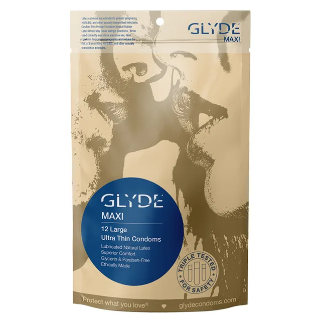 Glyde Maxi large and XL 12-pack condom box with blue size label