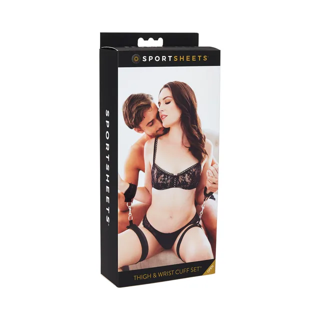 Sportsheets Thigh and Wrist Cuffs Set shown on tall black retail box