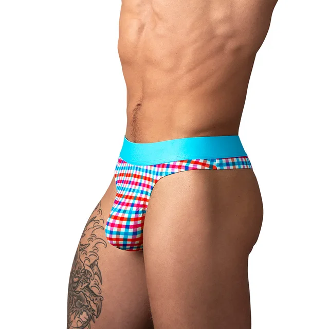 Male Power So Cumfy turquoise gingham thong size L/XL front view worn with an aqua waistband and plaid pouch