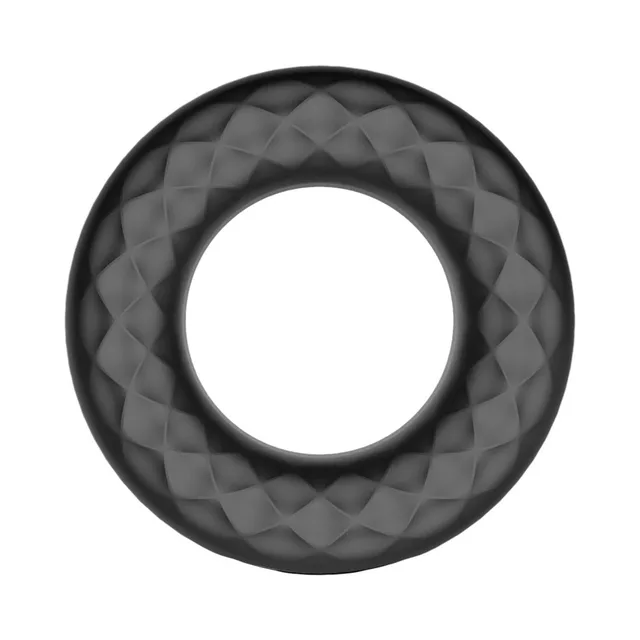 Front view of black F-15 ring with faceted outer surface