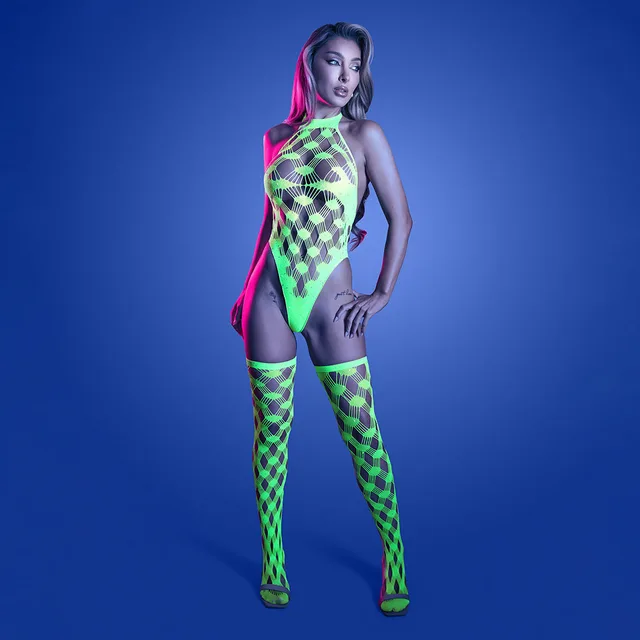 Fantasy Lingerie Glow Adrenaline Halter Teddy & Stockings in Rhinestone Fishnet O/S