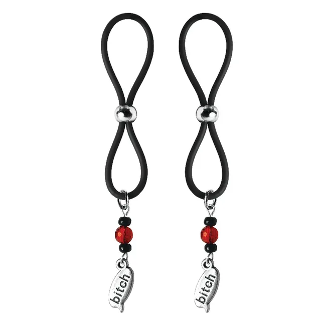 pair of black figure-eight nipple halos with red beads and silver word charms