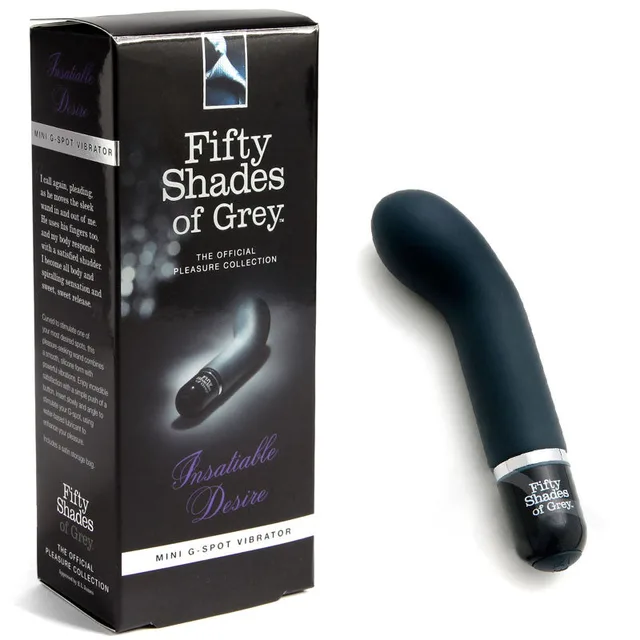 Fifty Shades Insatiable Desire black curved mini vibrator beside box