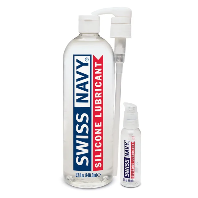 Swiss Navy Silicone Lubricant 32 oz pump bottle beside small travel bottle