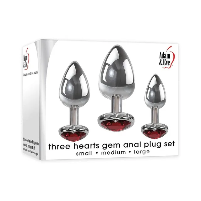 Adam & Eve Three Hearts metal anal plug set three sizes pictured on white retail box