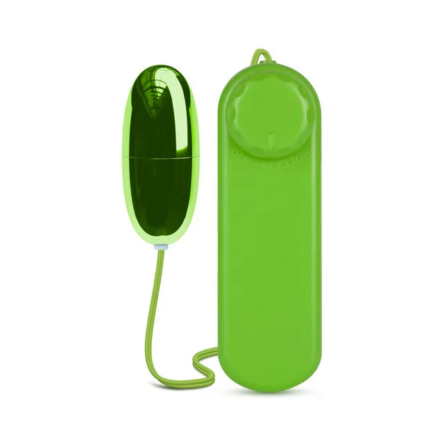 B Yours Power Bullet Lime egg vibrator beside handheld remote