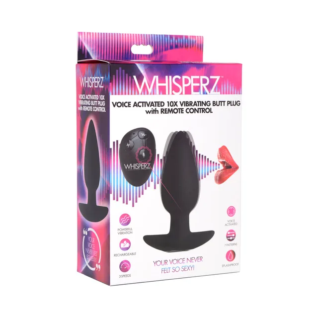 Black Whisperz tapered butt plug and round voice remote on pink retail box