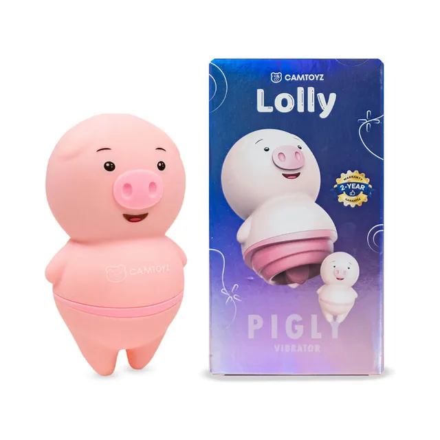 Camtoyz Pigly pink pig-shaped stimulator beside blue and purple retail box