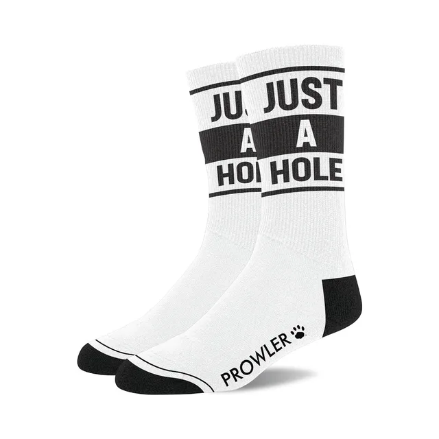 Prowler RED Just A Hole white cotton socks pair with stacked black cuff text black heels and black toes