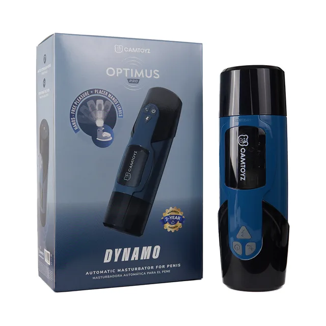 Camtoyz Dynamo blue and black masturbator beside gray retail box