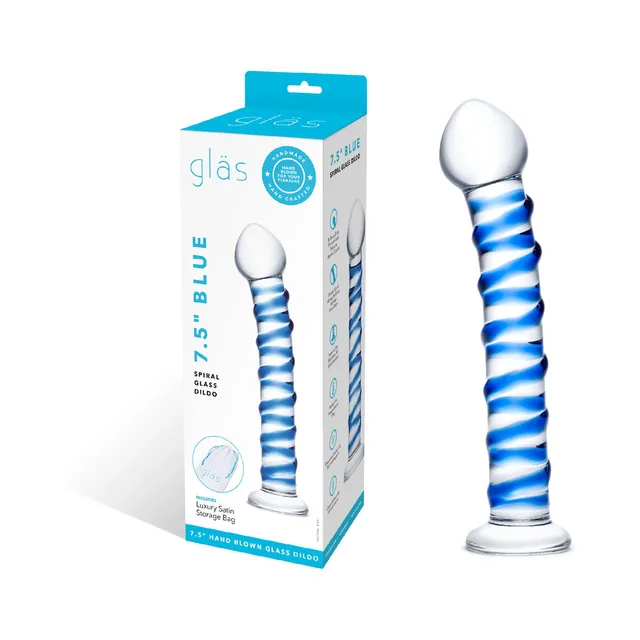 Glas Blue Spiral Glass Dildo retail box beside clear blue spiral dildo