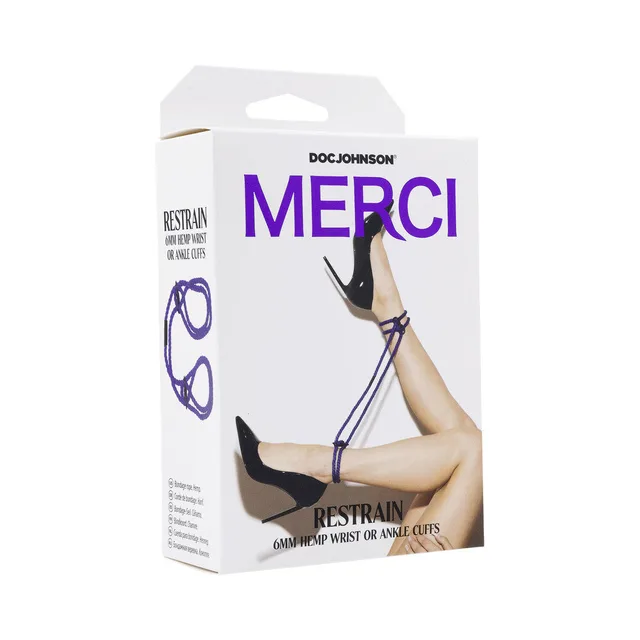 Merci Restrain violet hemp wrist or ankle cuffs front retail box