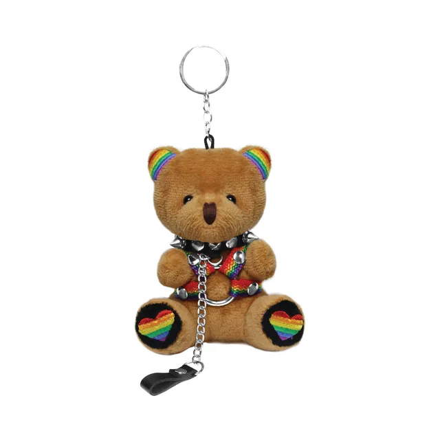 XR Brands Master Series Pride Bear plush keychain with rainbow accents harness black collar and detachable leash