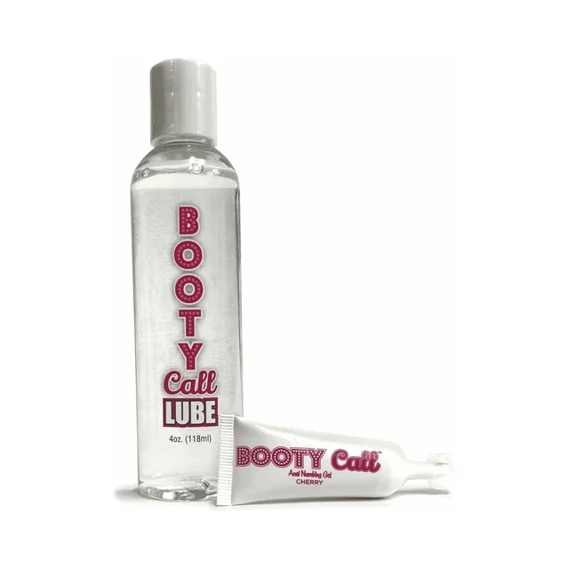 Clear 4 oz Booty Call lube bottle beside small cherry gel tube