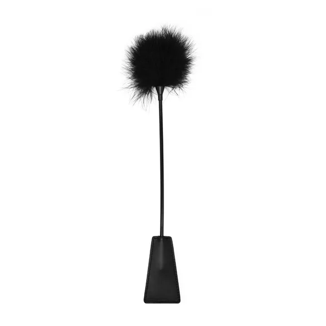 Black feather tickler crop with tapered handle and flat end